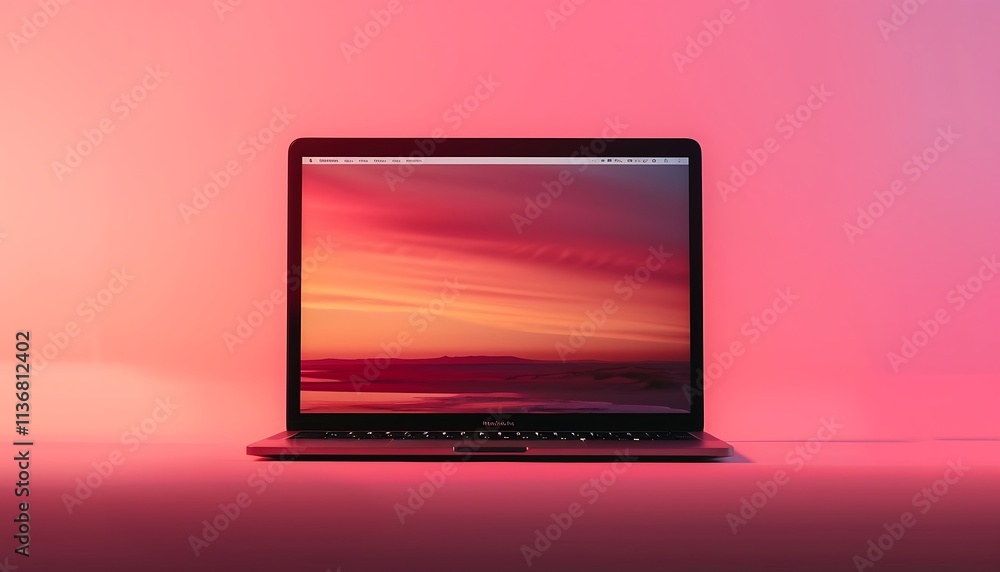 Poster laptop on a wooden table with a view of the mountains. 3d rendering.