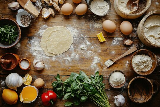 A diverse array of kitchen ingredients and tools spread out on a wooden surface, inviting creativity in cooking.