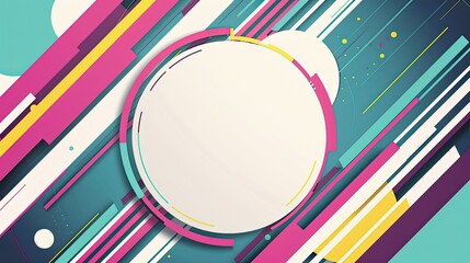 A vibrant abstract design featuring geometric shapes and a central blank space for text.