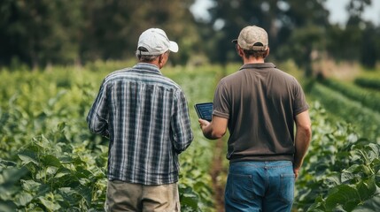 Two Farmers Inspecting a Lush Agricultural Field