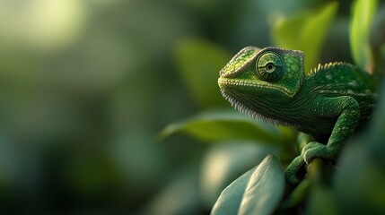 Fototapeta premium A vibrant green chameleon perched among lush leaves, showcasing its curious gaze and textured skin.
