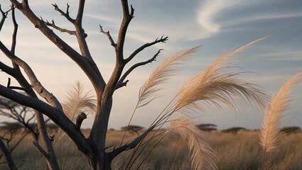 Obraz premium Silhouette of a dry tree with pampas grass against a sunset sky 