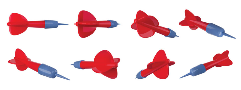 Darts game throwing arrows. Realistic 3D flying dart with aerodynamic wings and pointed needle tips, glossy arrow toy objects different angles isolated vector set.