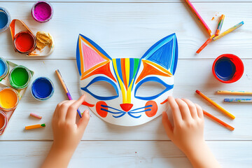 kids cute cat carnival mask on kid's desk with colored pencils and watercolor