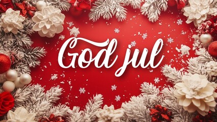 Elegant Christmas Background with God Jul Wish in Norwegian and Swedish, Featuring Festive Holiday Decor and Cheerful Seasonal Spirit