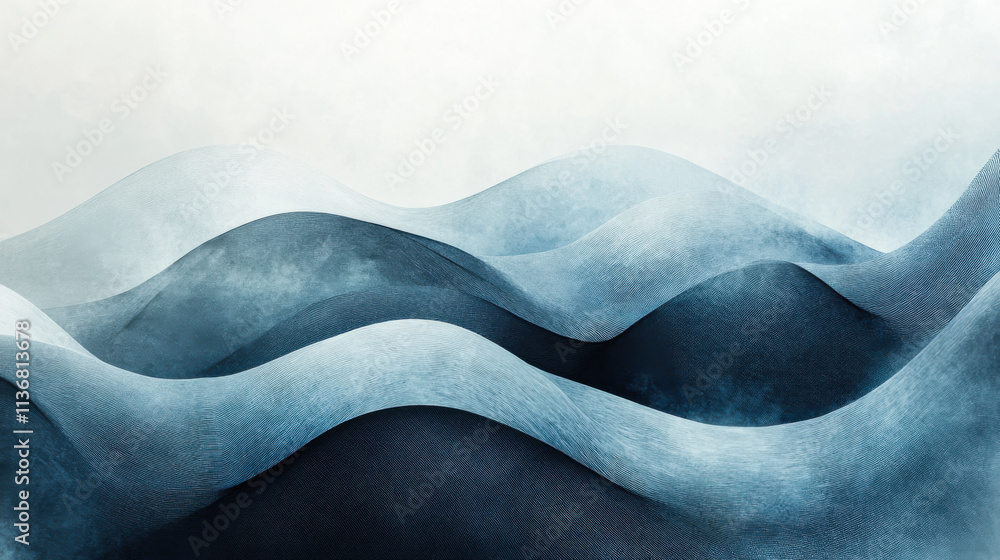 Poster abstract waves of blue and gray undulate softly, creating a serene landscape of fluid forms and gent