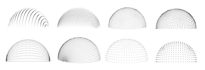 Dotted 3d hemisphere. Dome wireframe dots, geometric half sphere shapes with dotted patterns. Digital power shield, futuristic graphics isolated vector set.