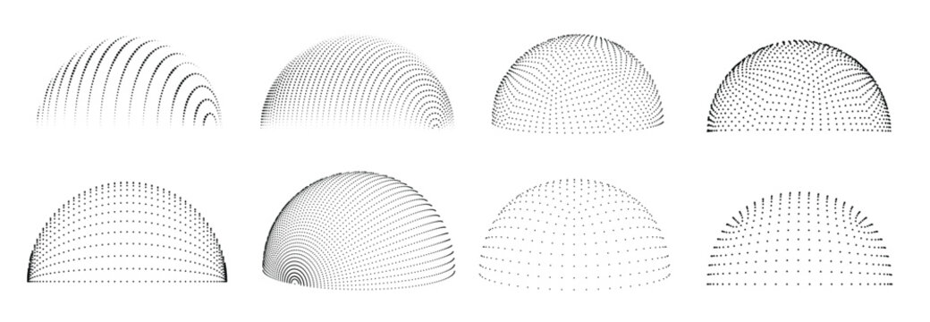Dotted 3d hemisphere. Dome wireframe dots, geometric half sphere shapes with dotted patterns. Digital power shield, futuristic graphics isolated vector set.