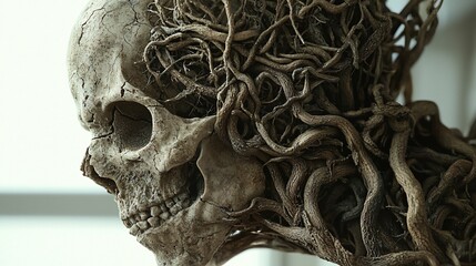 Skull entwined with roots, close-up profile view.