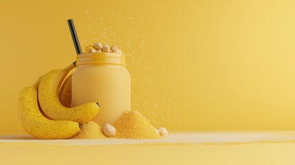 Delicious banana smoothie in a jar with fresh bananas and sugar, set against a vibrant yellow background.