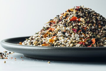 An artistic arrangement of colorful spices and dried herbs on a dark plate, highlighting their vibrant hues and textures.