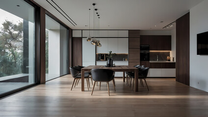 Fototapeta premium Modern dining area featuring a wooden table, black chairs, and large windows with natural light.
