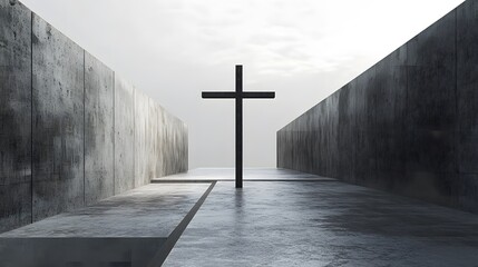 Concrete Walls Frame Dark Cross Against Light Sky