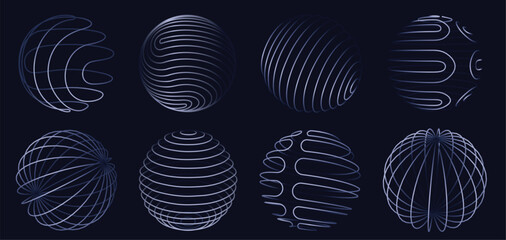 Sphere 3d wireframe lines. Abstract glowing digital globe designs with geometric curved line patterns, global networks spherical shapes and futuristic technology isolated vector set.