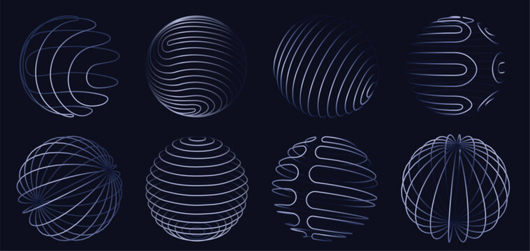 Sphere 3d wireframe lines. Abstract glowing digital globe designs with geometric curved line patterns, global networks spherical shapes and futuristic technology isolated vector set.