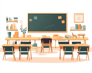 A bright and organized classroom featuring wooden desks, a chalkboard, and colorful stationery.