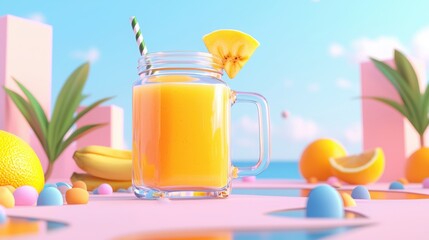 Refreshing tropical juice in a vibrant glass surrounded by colorful fruits and cheerful decor.