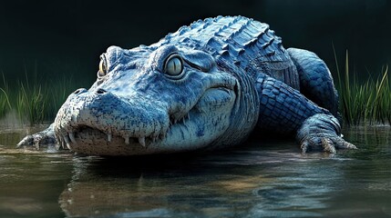 Obraz premium A 3D voxel-style crocodile with intricate blue textures resting partially submerged in shallow water, surrounded by reeds and mist, creating a surreal and captivating scene - AI Generated Art