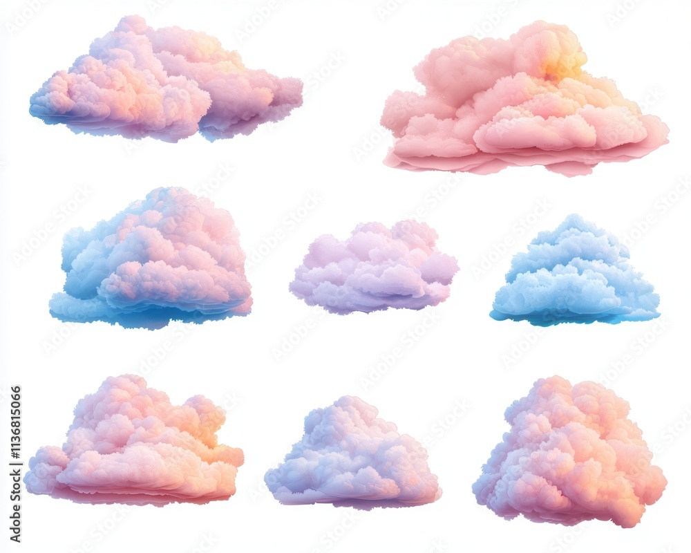 Poster a collection of soft, pastel-colored clouds in various shapes and sizes, creating a dreamy atmospher