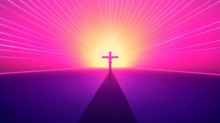 Neon Cross Silhouette Sunrise Spiritual Scene
