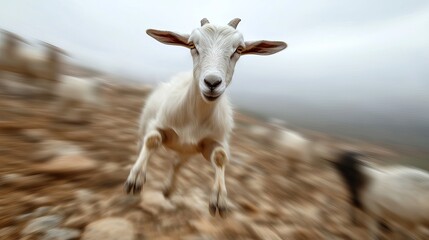 Fototapeta premium A playful white goat leaps into the frame, showcasing its lively spirit amidst a blurred mountainous backdrop.