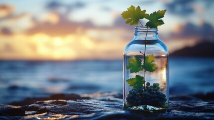Glass jar with green oak leaves and acorns inside standing on rocky shore during vibrant ocean sunset, perfect for nature, autumn, and environmental themes with warm colors and calm mood