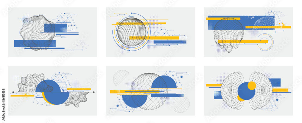 Poster sphere compositions. modern 3d globe banner designs with geometric wireframes, dynamic lines and sph