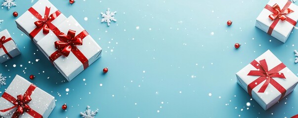Obraz premium Minimalist Christmas background with red ribbons and white gift boxes