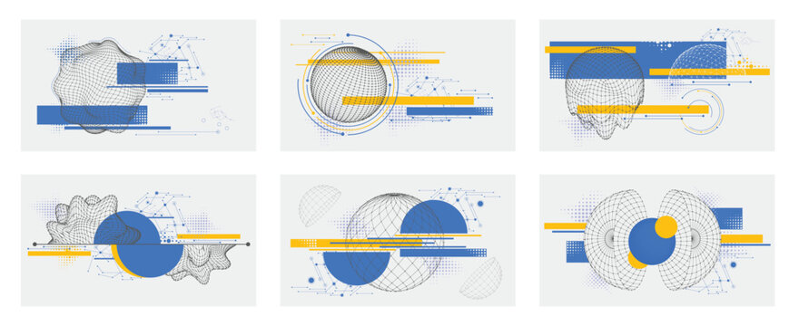 Sphere compositions. Modern 3D globe banner designs with geometric wireframes, dynamic lines and spherical shapes. Innovative abstract futuristic data visualization backgrounds vector set.