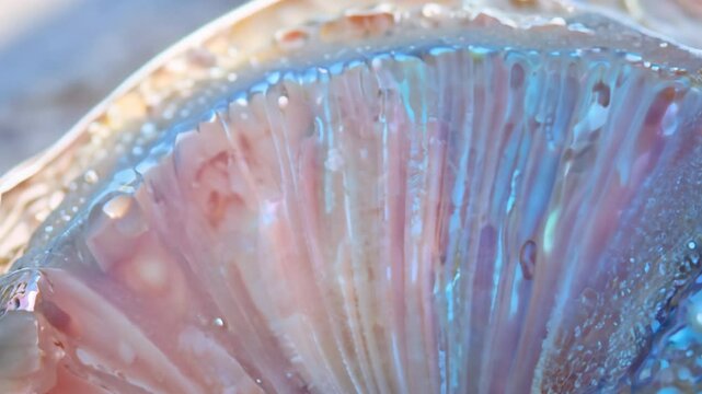 The camera glides across an abalone video featuring pearlescent pinks and blues with natural cellular patterns