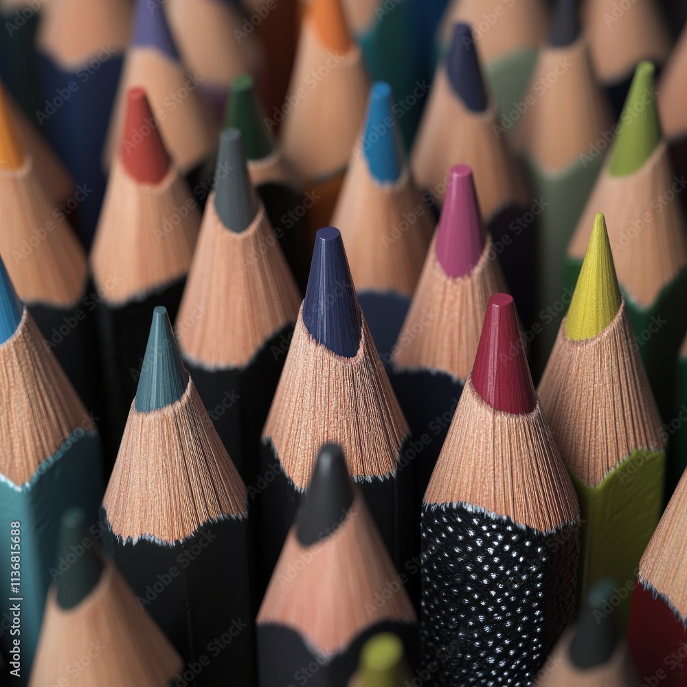 Poster close-up of colorful pencil tips, showcasing a vibrant array of hues and textures in an artistic set