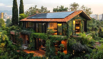 Modern Sustainable House with Solar Panels Surrounded by Lush Greenery and Nature in an Urban Setting during Golden Hour
