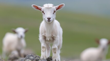 A young white goat stands confidently on a rock, with blurred goats in the background, exuding a playful spirit.