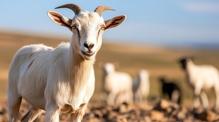 A close-up of a curious white goat with gentle features against a blurred background of other goats in a sunny pasture.
