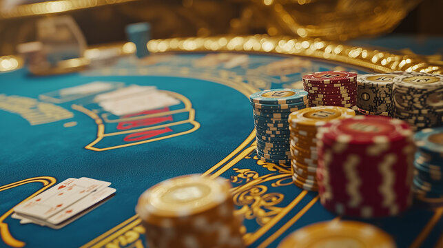 A close-up of an ornate baccarat table with neatly stacked chips and playing cards, surrounded by luxurious golden casino d&eacute;cor and soft lighting.