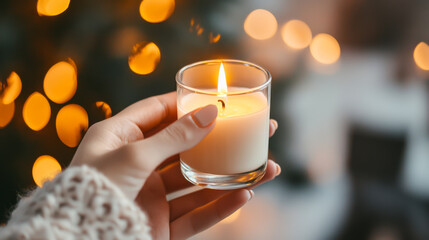 Warm candlelight illuminates a hand holding a glass candle in a cozy festive setting with blurred lights