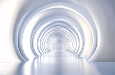 Abstract white tunnel with glowing arches, perspective, and reflective floor.