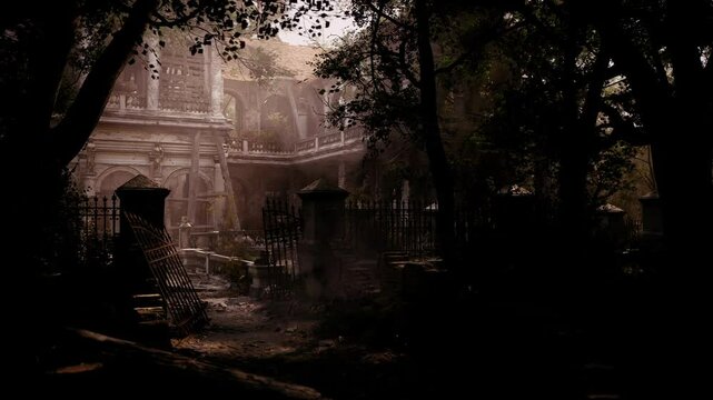 An old, crumbling mansion stands hidden among thick trees, its decay evident through broken gates and overgrown vegetation, evoking a sense of mystery and history in the foggy atmosphere.