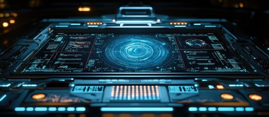 Obraz premium Futuristic technology interface with glowing display and digital data.