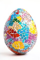 Obraz premium A beautifully crafted mosaic egg showcasing vibrant colors and patterns, ideal for festive decorations and art displays.