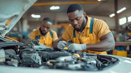 Two african american auto mechanics in uniform and protective gloves makes out diagnostics and repairs of the engine in a car workshop.