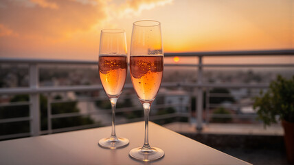 Obraz premium Champagne glasses on a rooftop table at sunset