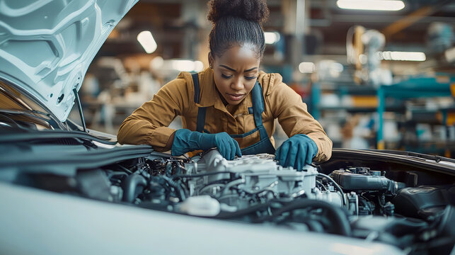 African-american female auto mechanic in workwear makes out diagnostics and repairs of the engine in a car workshop. Car maintenance service.