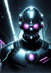 dj in action with robotic attire and blue and purple light