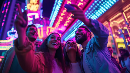 A group of friends excitedly taking a selfie under vibrant neon lights, glowing with fun and nightlife energy. Perfect for modern travel and social themes.

