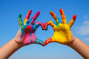 Colorful hands creating a heart shape. Two colorful hands come together to form a heart against a clear blue sky, symbolizing creativity and love.