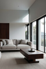 Fototapeta premium Modern living room featuring a light gray sofa, dark wood coffee table, and large windows allowing natural light.