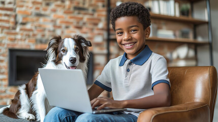 Smiling 12 years old african american boy in polo and jeans is sitting on the chair and uses laptop on the table of home with her border collie puppy.