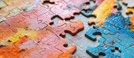 Naklejka premium Close-up of colorful jigsaw puzzle pieces, some connected, others separated, showing texture and detail.