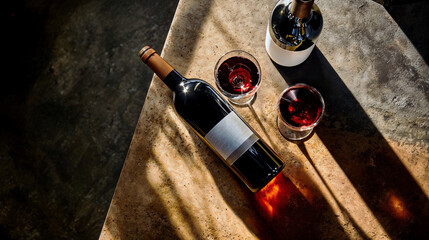 Elegant Wine Tasting Setup on Wooden Table with Dramatic Lighting, Perfect for Website Background Banner or Header
